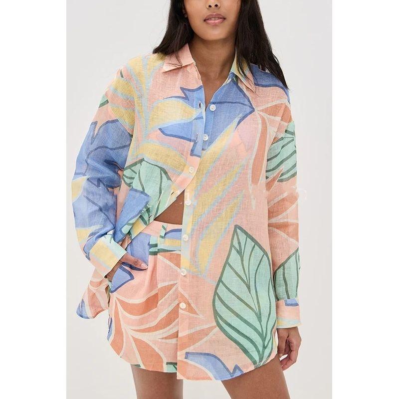 

Shirt and Shorts Set European and American New Fashion Casual Print Loose Long sleeve Shirts Shorts Set Flower color XXL