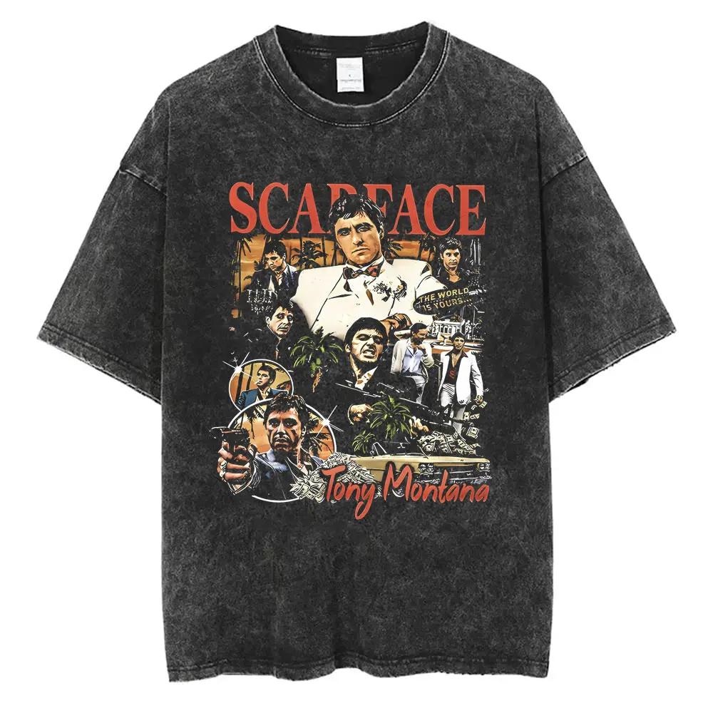 Movie Scarface Vintage Washed Tshirt Tony Montana Face Al Pacino Oversized Tshirts Men Women Fashion Hip Hop Gothic T Shirts