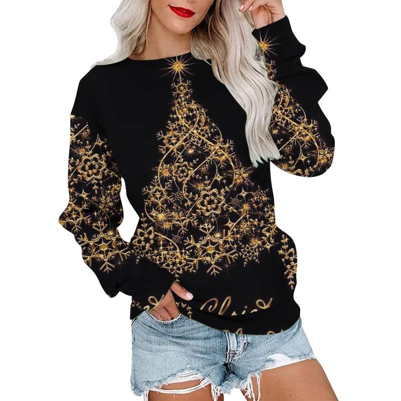 Autumn Winter Fashion Christmas Series Christmas Tree Elk Printed Pocket Round Neck Hoodie