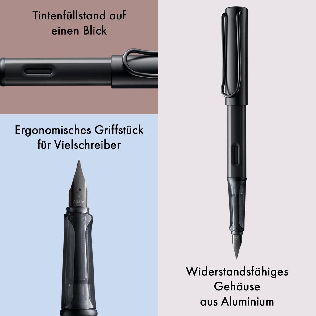 LAMY Black Fountain Pen Ergonomic Grip and Black Steel Size M Lightweight Aluminum Body Includes LAMY T10 Blue Cartridge AL-star - Nib, - - -
