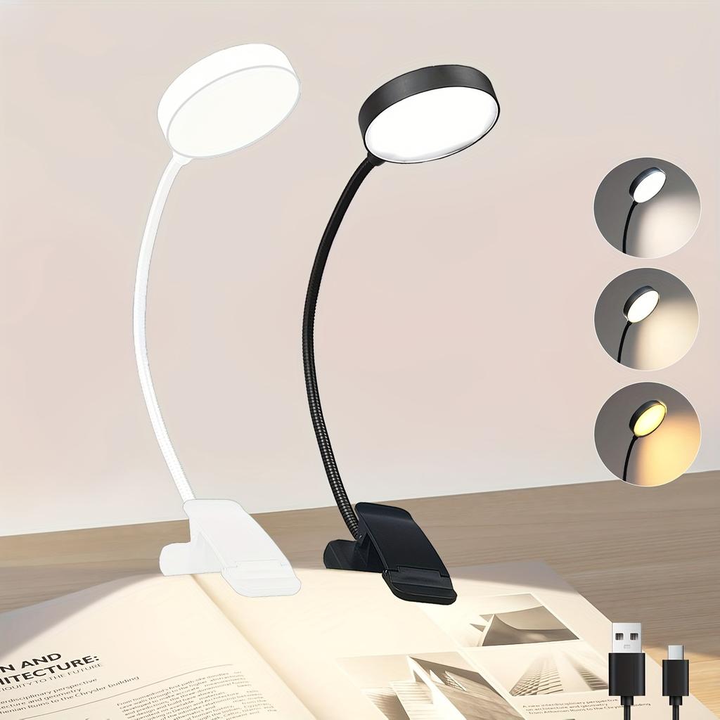 1 Reading Lamp, Led Reading Lamp with 3 Adjustable Brightness Levels, USB Rechargeable, Portable Bed Reading, Clip-On Lamp