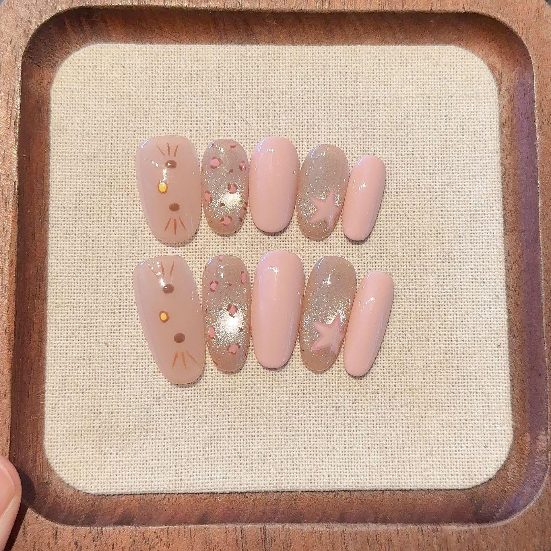 Handmade Wearable Pink Cat Eye Nails with Hand-Painted Kitties & Leopard Print