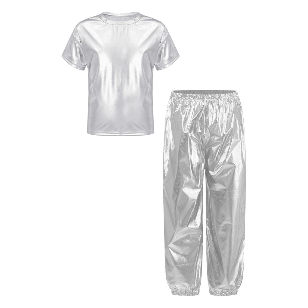 Unisex Kids Dance Costume Short Sleeve Round Neck Metallic Shiny T Shirt Performance Pants Set