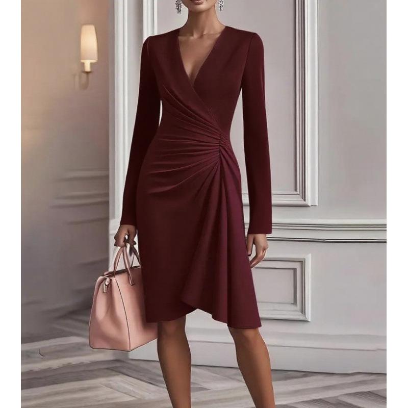 European and American New Models, Autumn Fashion Cross V-neck Waist Solid Color Long-sleeved Dress Women's Clothing