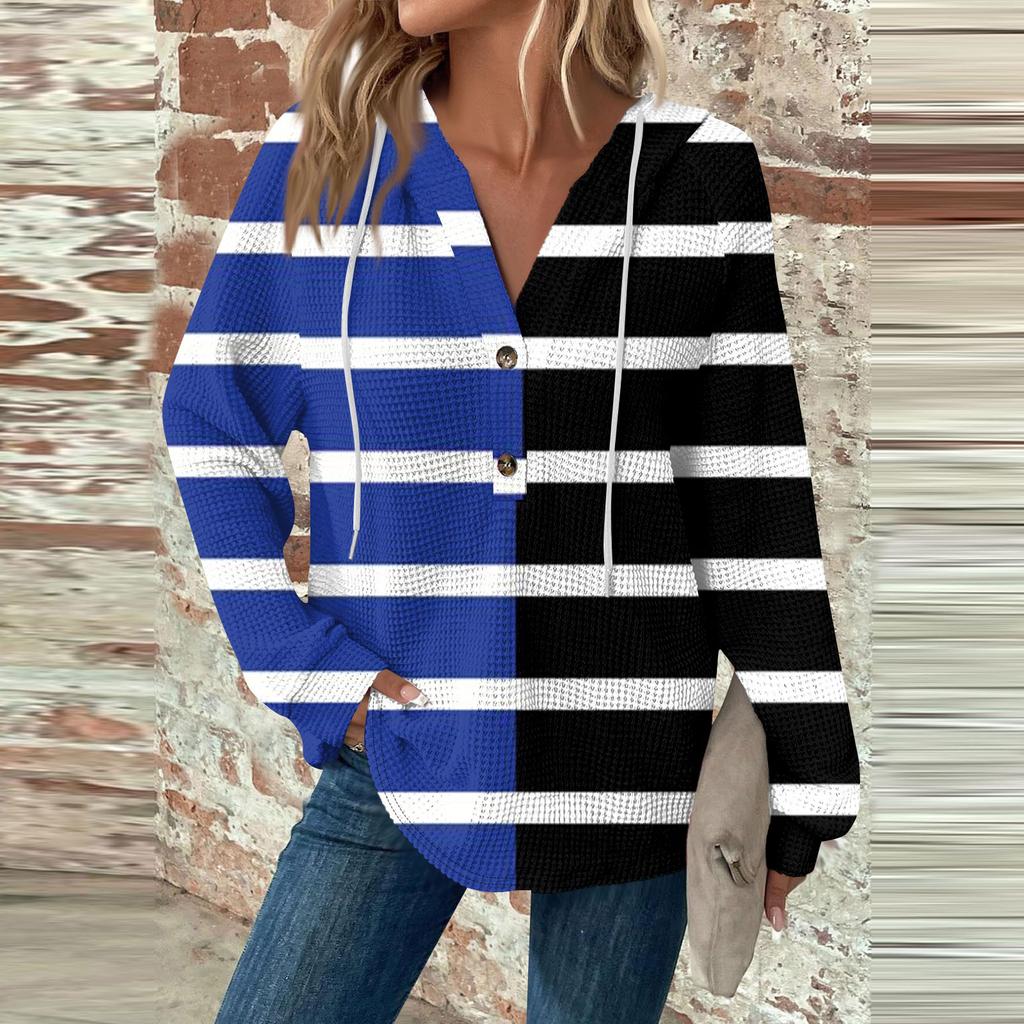 Damemote Langermet snøring V-hals med hetteknapper Uformell sweatshirt med hettetrykk