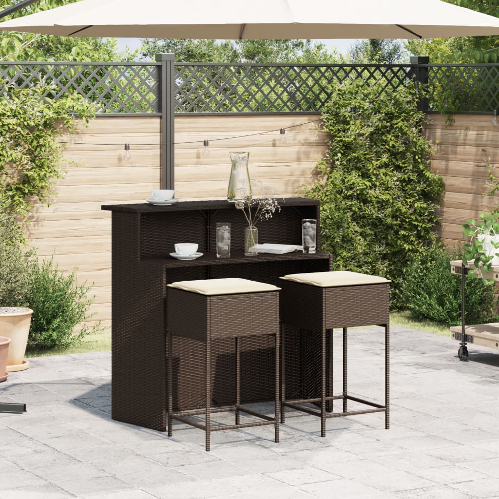 3 Piece Garden Bar Set with Cushions Brown Poly Rattan