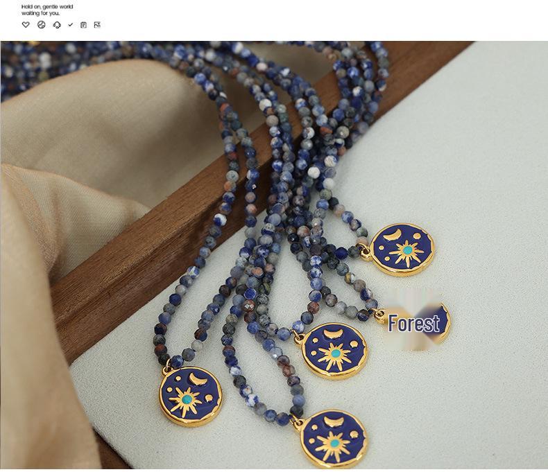 European-American Niche: Blue Spirit Grey Natural Stone Handmade Necklace with Starry Sky Glaze Angel Pendant in Gold-Plated Titanium Steel.