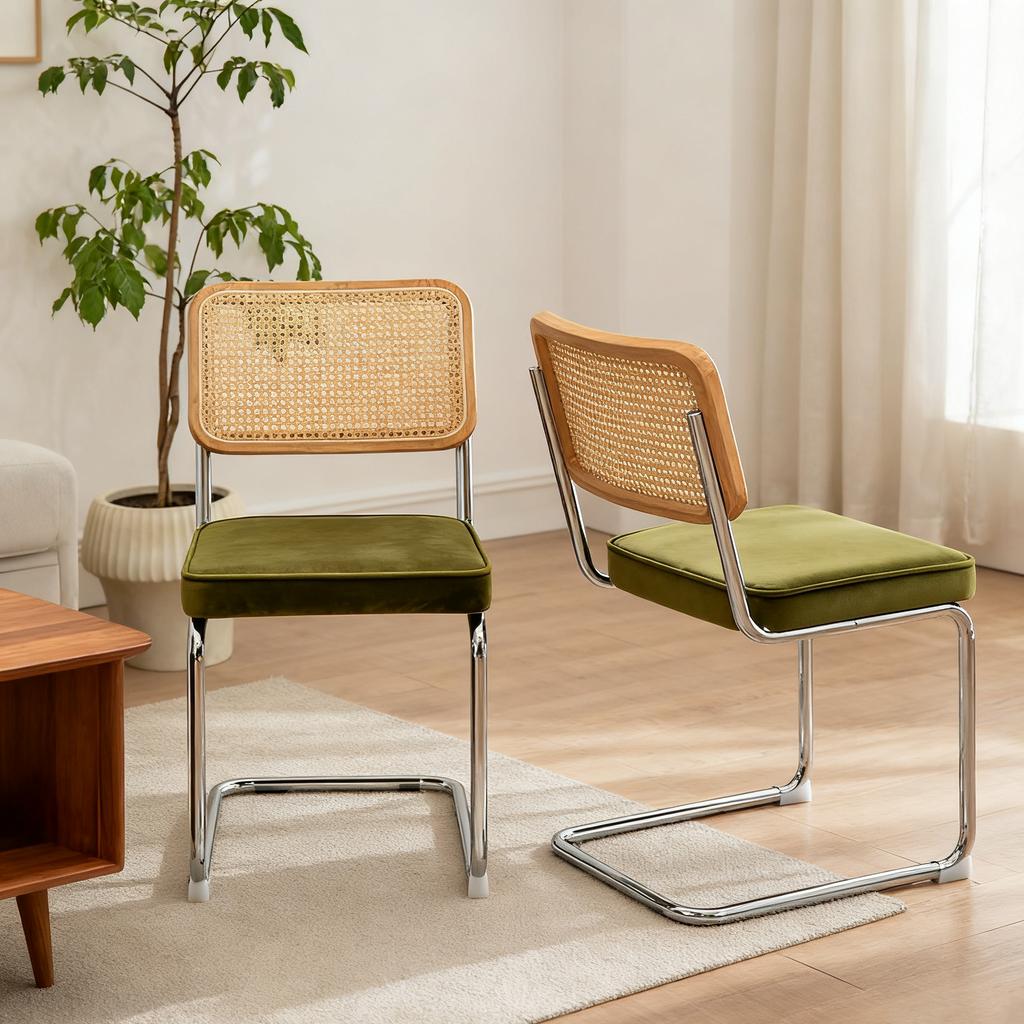 Dining Chairs Set of 2, Velvet Rattan Accent Chairs with Chrome Legs, Modern Mid Century Breuer Designed Chairs, Dining Living Room Kitchen Chairs