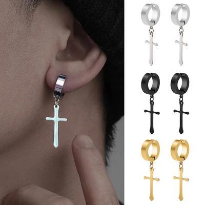 Fashion Titanium Steel Cross Ear Clip Earrings For Men Women Stainless Steel Punk Black Single Earring Fake Earrings Zircon