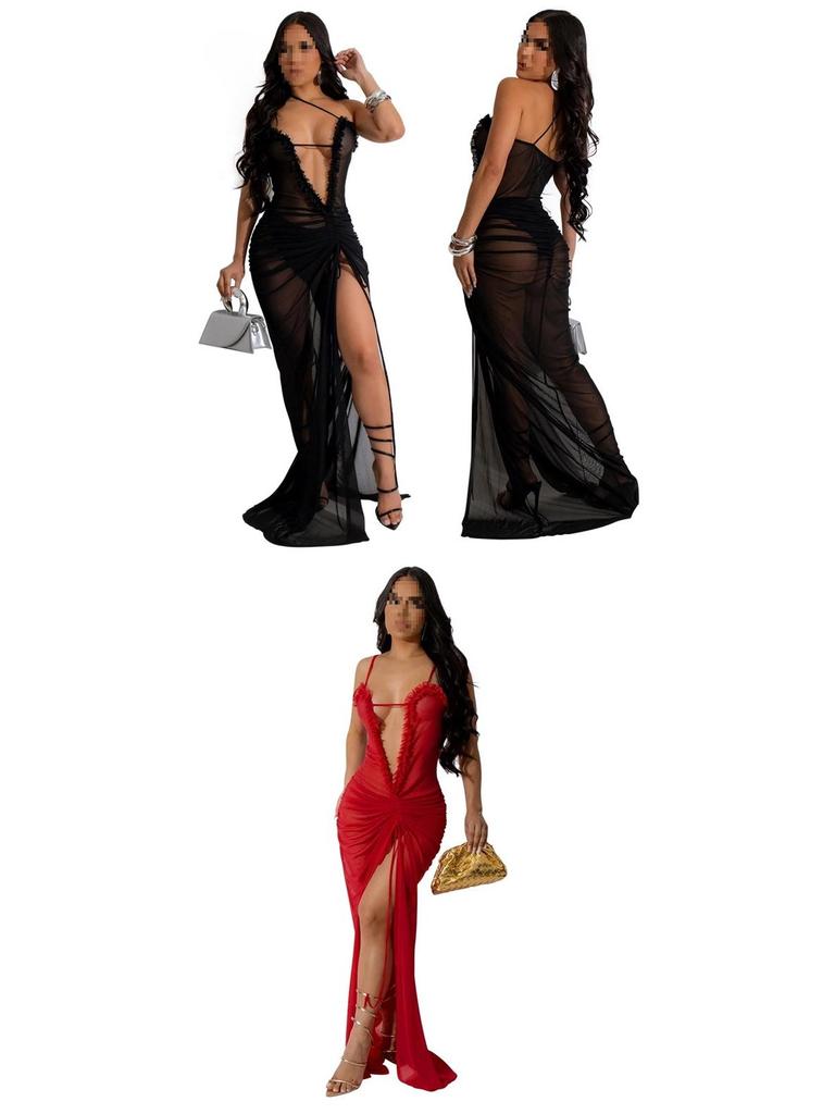 Sexy durchsichtiges Netzkleid mit hohem Schlitz für Damen