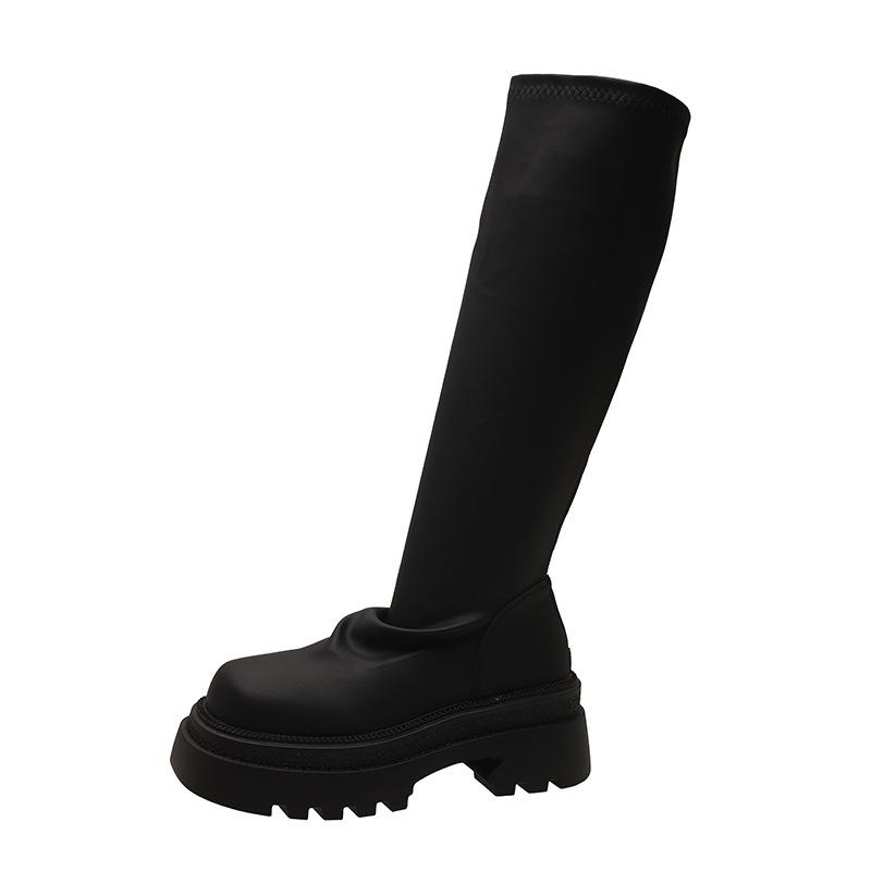 Aber Kniestiefel Damen Herbst neue elastische dünne Stiefel kleine dicksohlige hohe Ritterstiefel