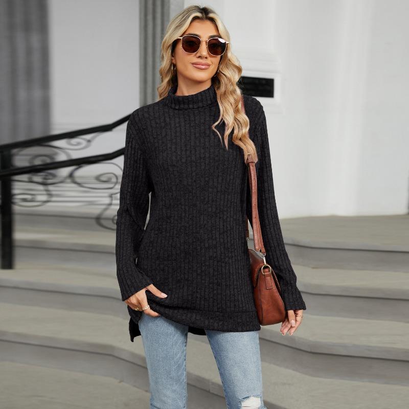 Women S High Neck Loose Long Sleeve Split T Shirt Top