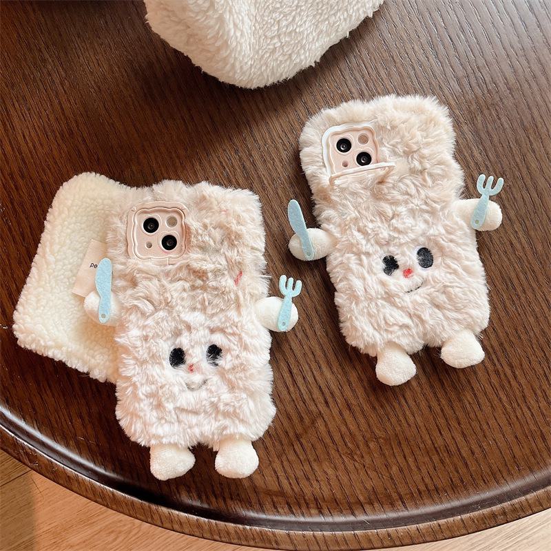 Pluche Cartoon Mes en Vork Schurk Telefoonhoesje voor Apple 15Promax met Valbescherming, Schattig Herfst Design