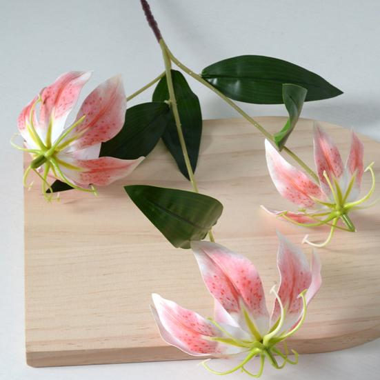 Artifical Lily Flower with 3 Heads Full Bloom And Leaves Long Stem Faux