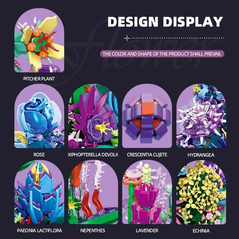 Creative Potted Flower Building Blocks Colorful Rose Lavender Flower Plant Model Bricks Home Decoration Kids Toys Holiday Gifts