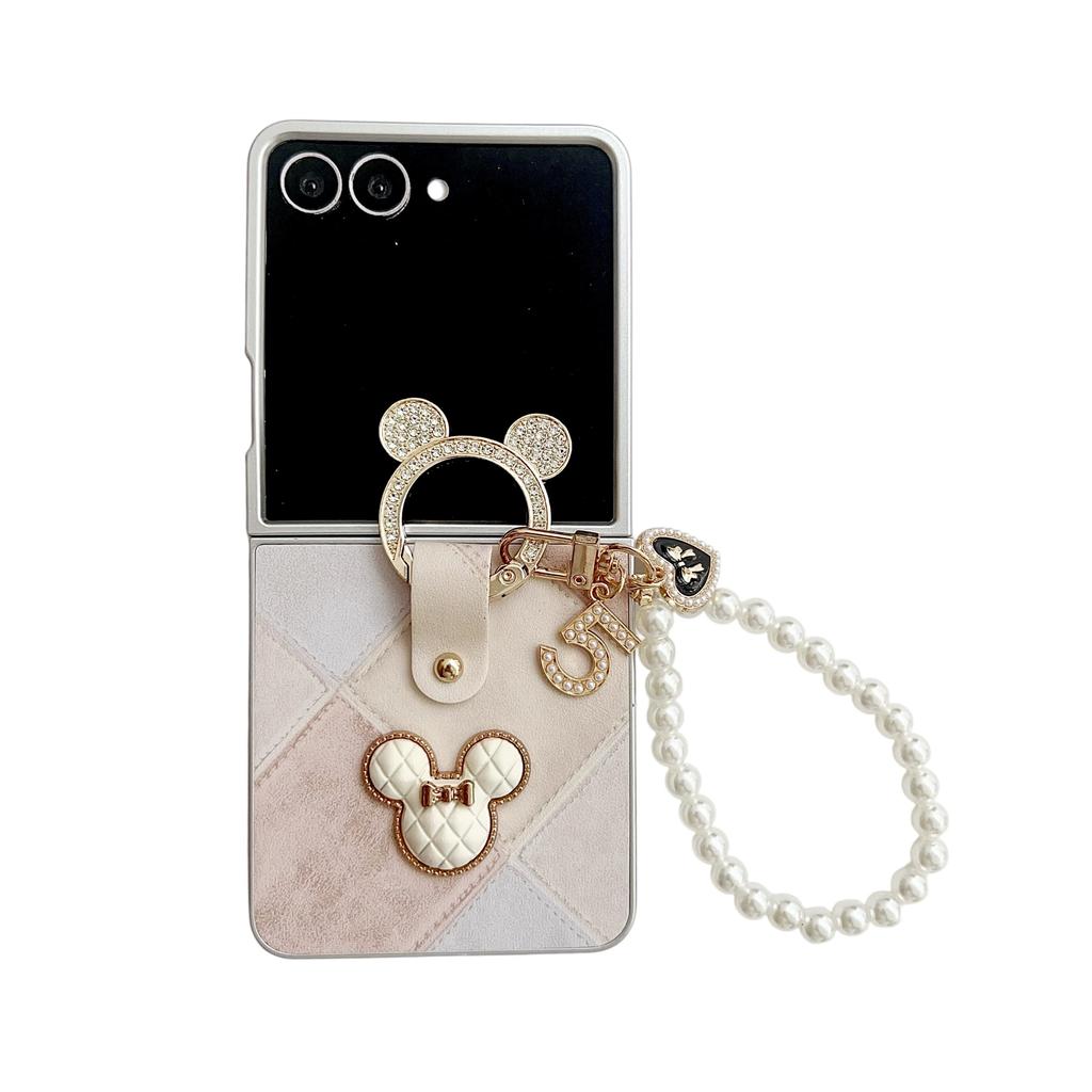 3D Silver Edged Ring Wrist Strap Retro Mouse Phone Case with Pearl Bracelet for Samsung Galaxy Z Flip 7 FE 6 5 4 3 Flip7