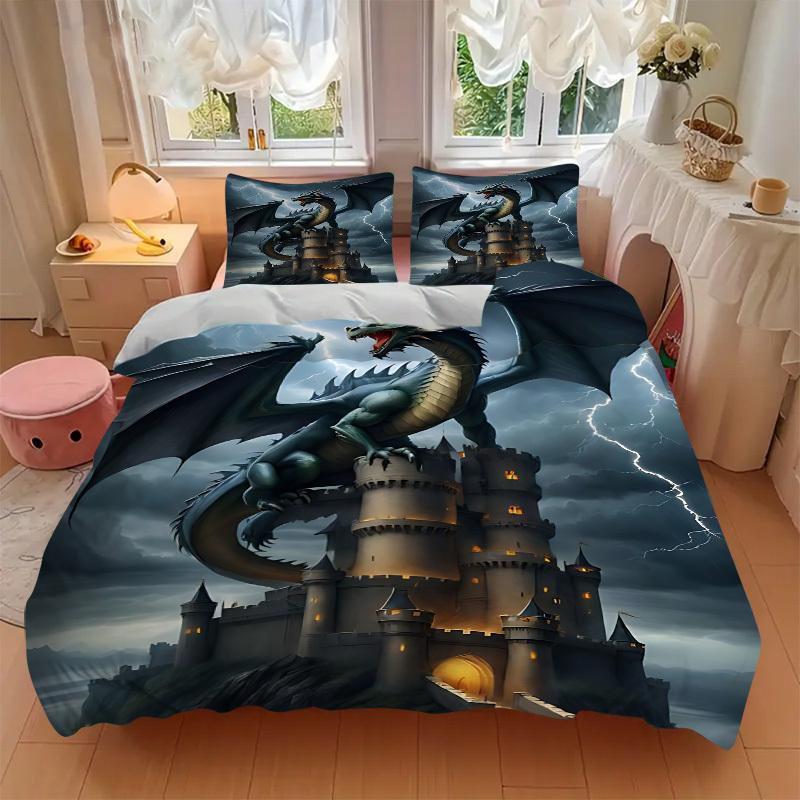 3pcs set Dragon Castle 1 Quilt Cover + 2 Pillowcases, All Seasons Bedroom Setting, Perfect for Home and Dorm Decor a200