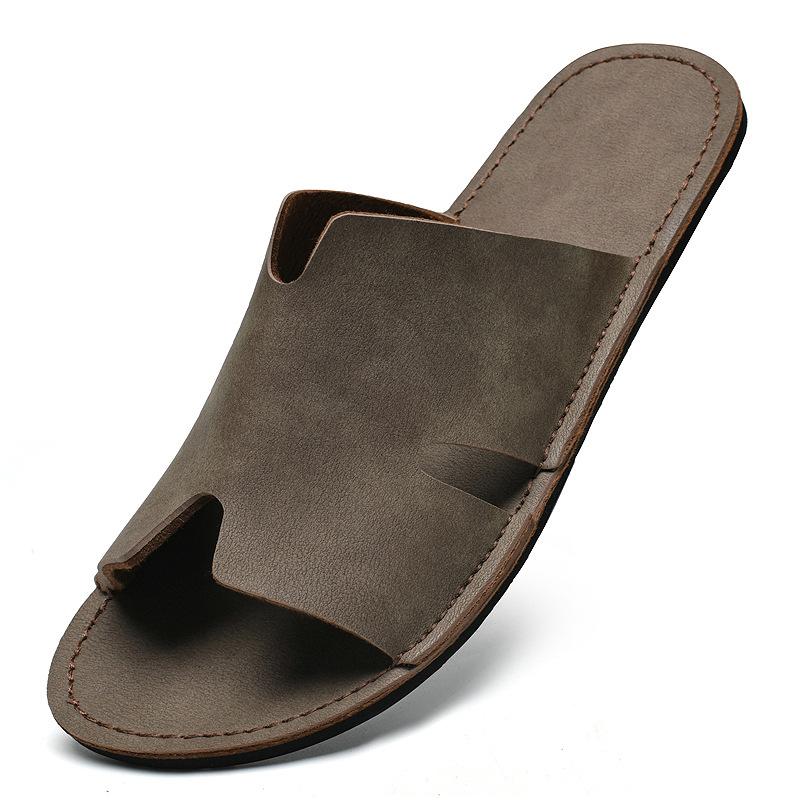 

Летние мужские сандалии большого размера из натуральной кожи, дышащие шлепанцы из коровьей кожи на мягкой подошве, ручной работы, пляжная обувь 47 темно-коричневого