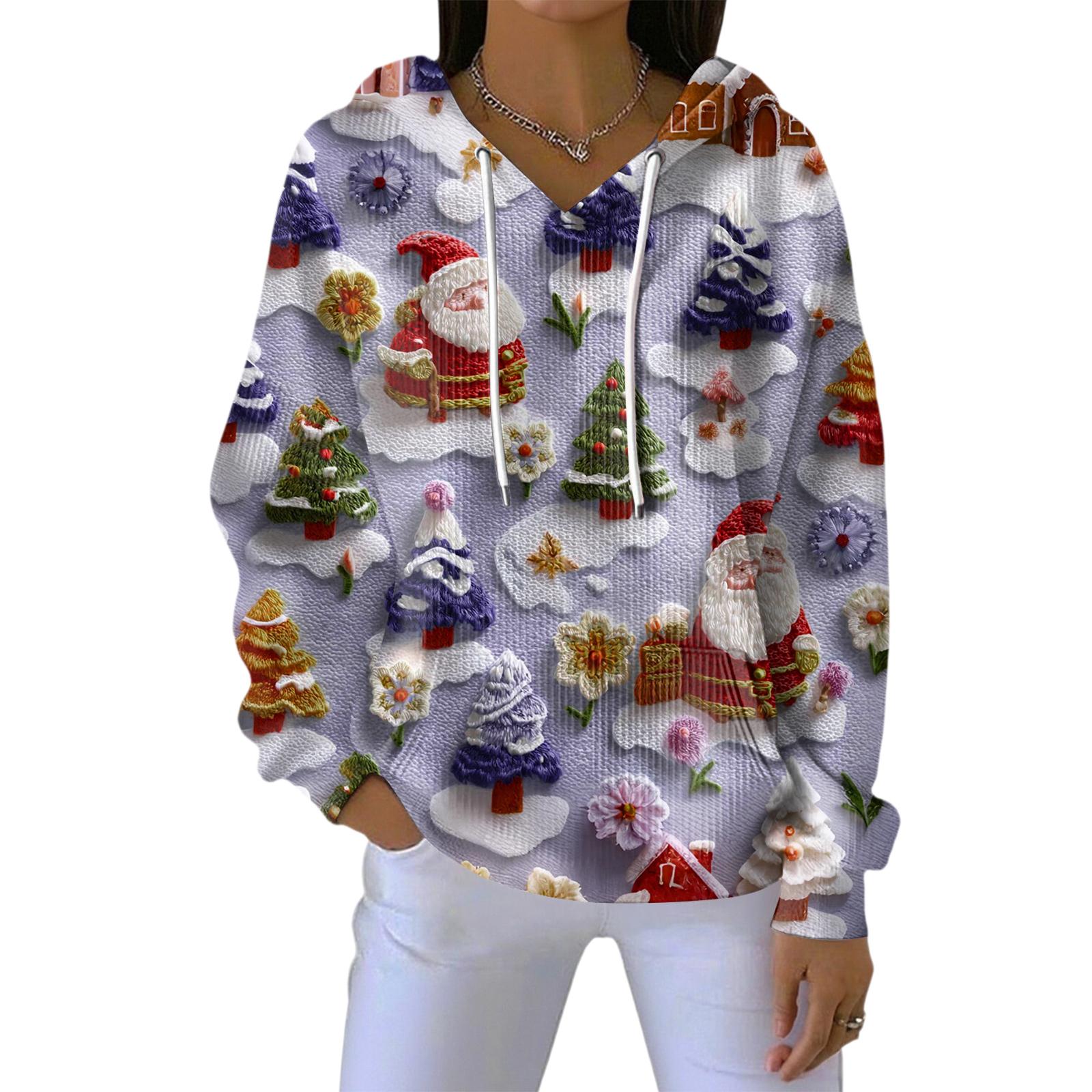 

Женская свободная удобная повседневная модная толстовка с V-образным вырезом и рождественским принтом с длинным рукавом M фиолетовый