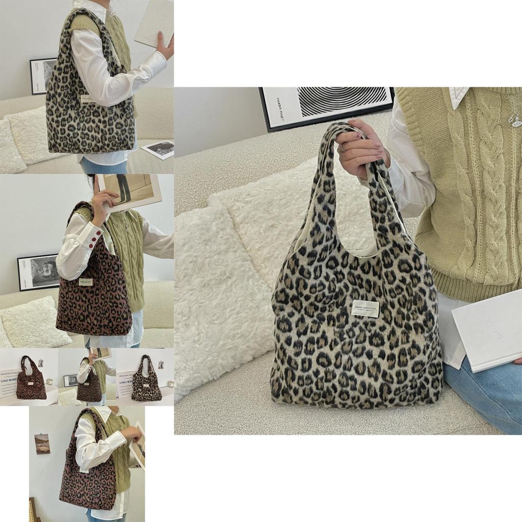 Chic And Trendy Wool Leopard Print Shoulder Tote Bag For Daily Fashion Needs