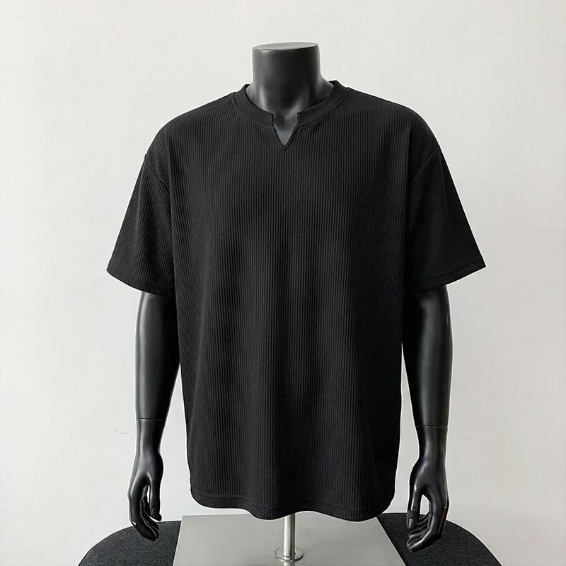 Men Waffle Knit Notch Neck Short Sleeve T Shirt Casual Loose Fit Summer Top