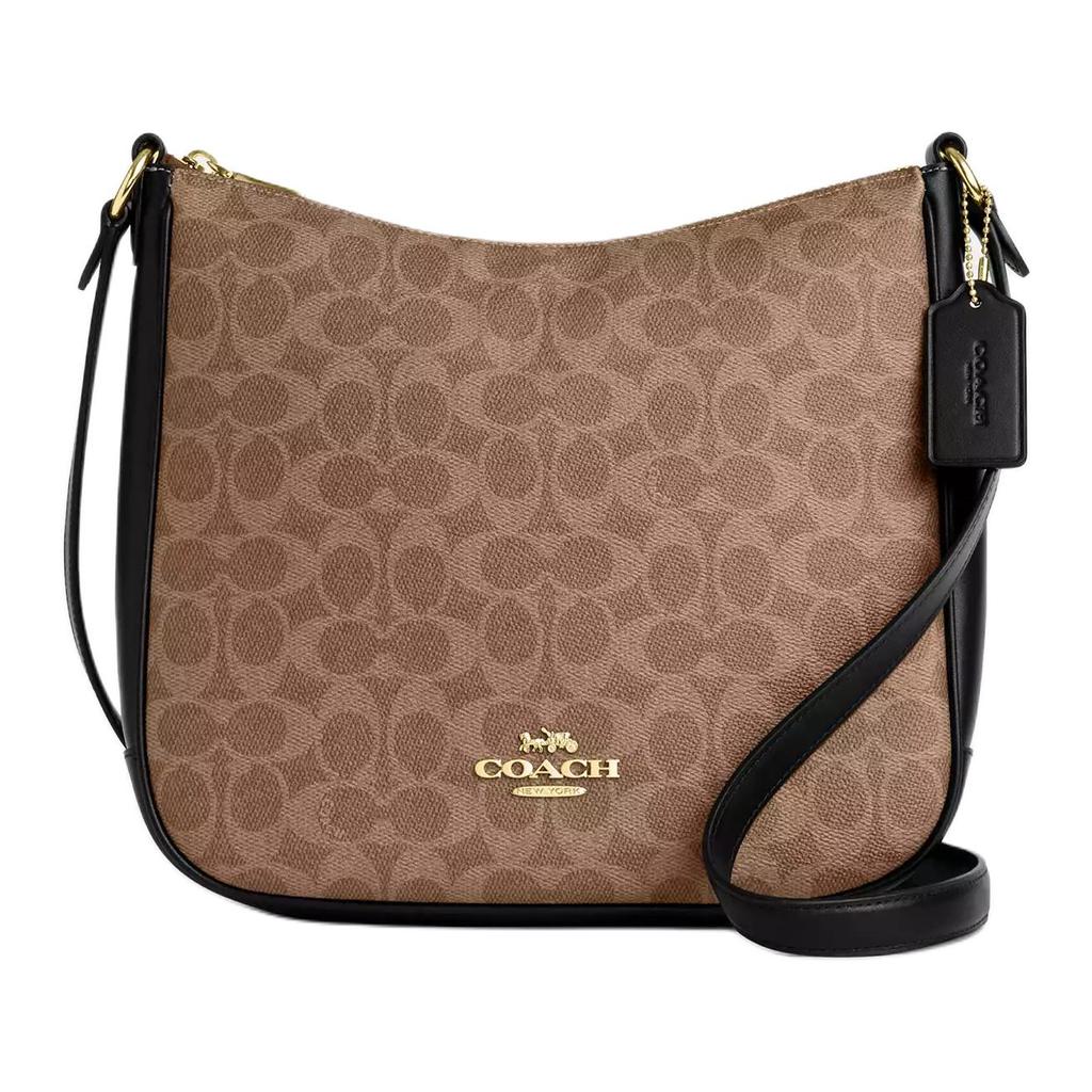 Coach Ellie 27 Logo Zip Closure Coated Canvas Crossbody Shoulder Bag Large Women Bags Khaki Black CZ177-IMQRX