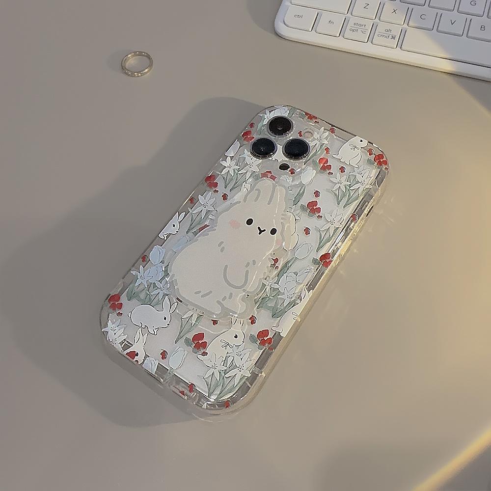 Korean-style floral rabbit design applicable iphone13Apple14Phone case11Cute girl15pro max Bracket16Transparent