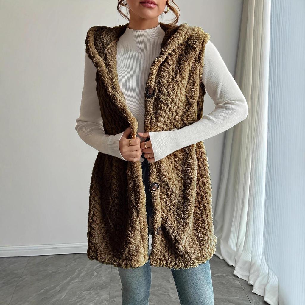 Popular Style Solid Color Plush Hooded Button Cardigan - Women's Autumn/Winter Casual Vest