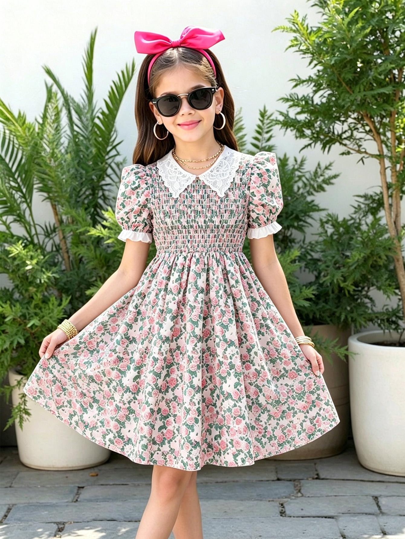 Little Floral Doll Collar Dress for Big Girls XS