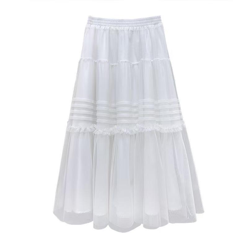 

Elegant Women s White Mesh A-Line Skirt - Fluffy Cake Style, Petite, Summer Long Skirt One Size белый