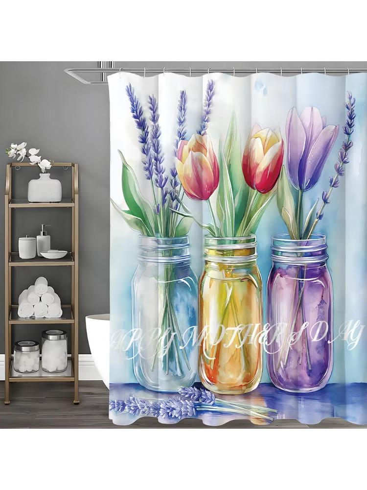Watercolor Floral Glass Bottle Shower Curtain, Bathroom Decorative Shower Curtain, Waterproof Shower Curtain with Hooks W90xH180cm
