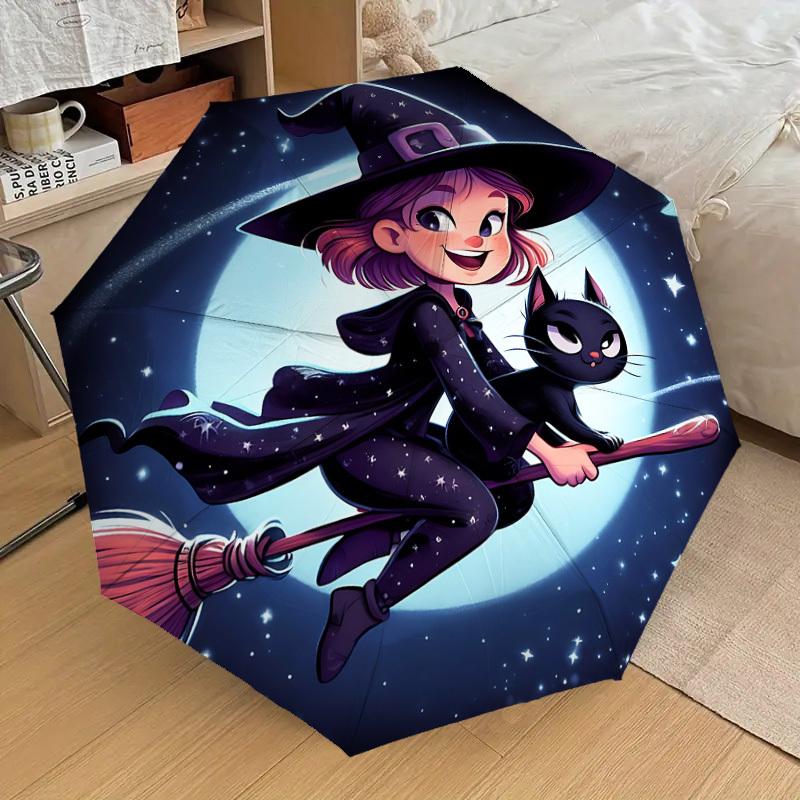 1PC Witch broomstickAutomatic Open/Close Umbrella with Windproof, 8-Rib Sturdy Canopy, Durable Ribs, Fashionable Design, Outdoor Accessory, Fun Prin,