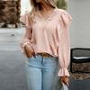 Women's Casual Loose Blouse Autumn Commuter V Neck Ruffles Long Sleeve Lace Shirt Top