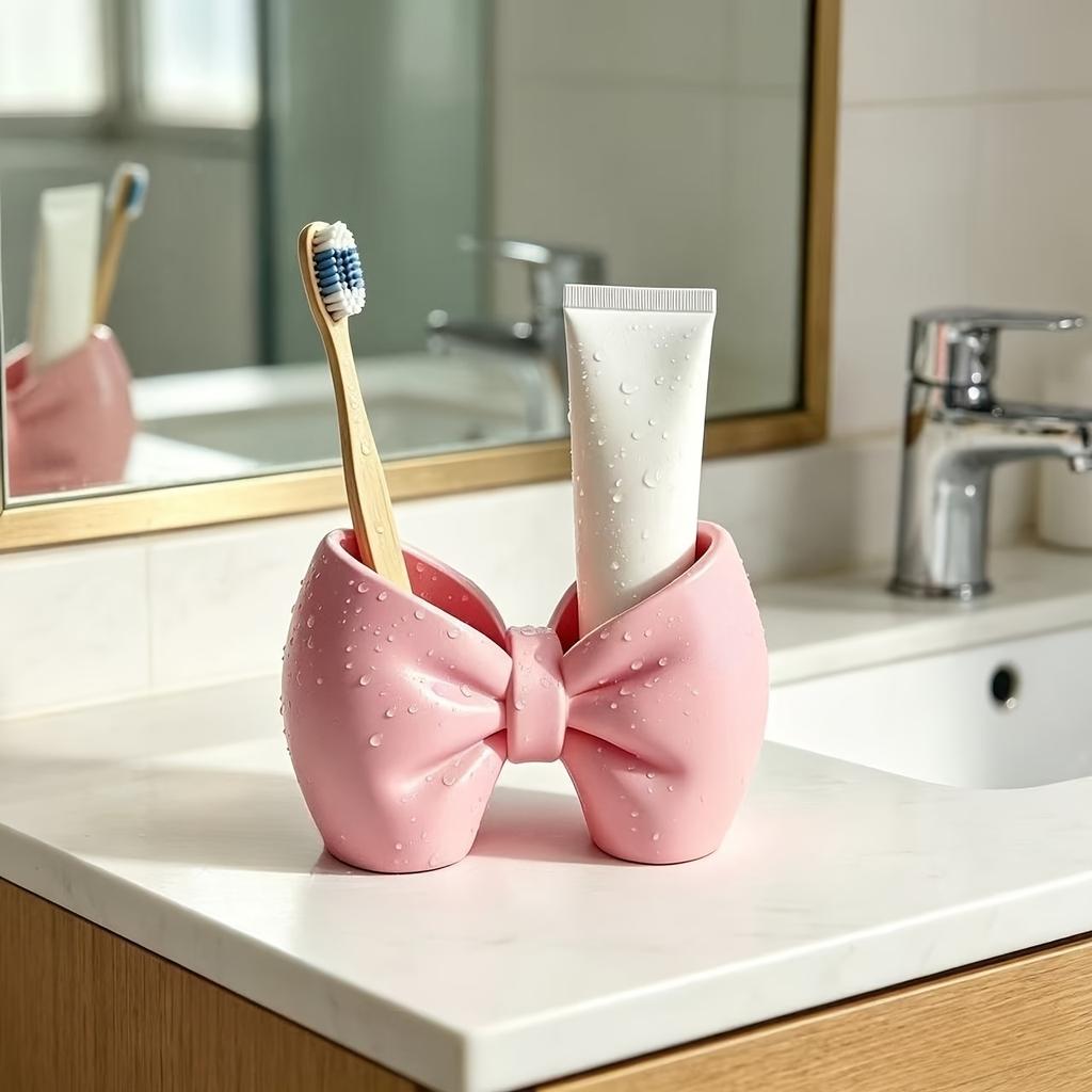 Bow Shaped Toothbrush Holder Plastic Countertop Organizer No Drill Bathroom Storage Stand for Family