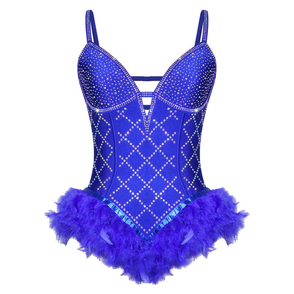Body da Donna Scintillante con Strass e Piume Scollo a V Profonda Spalline Sottili Regolabili Body con Spalline Incrociate Schiena Scoperta per Nightclub Festa Spettacolo sul Palco