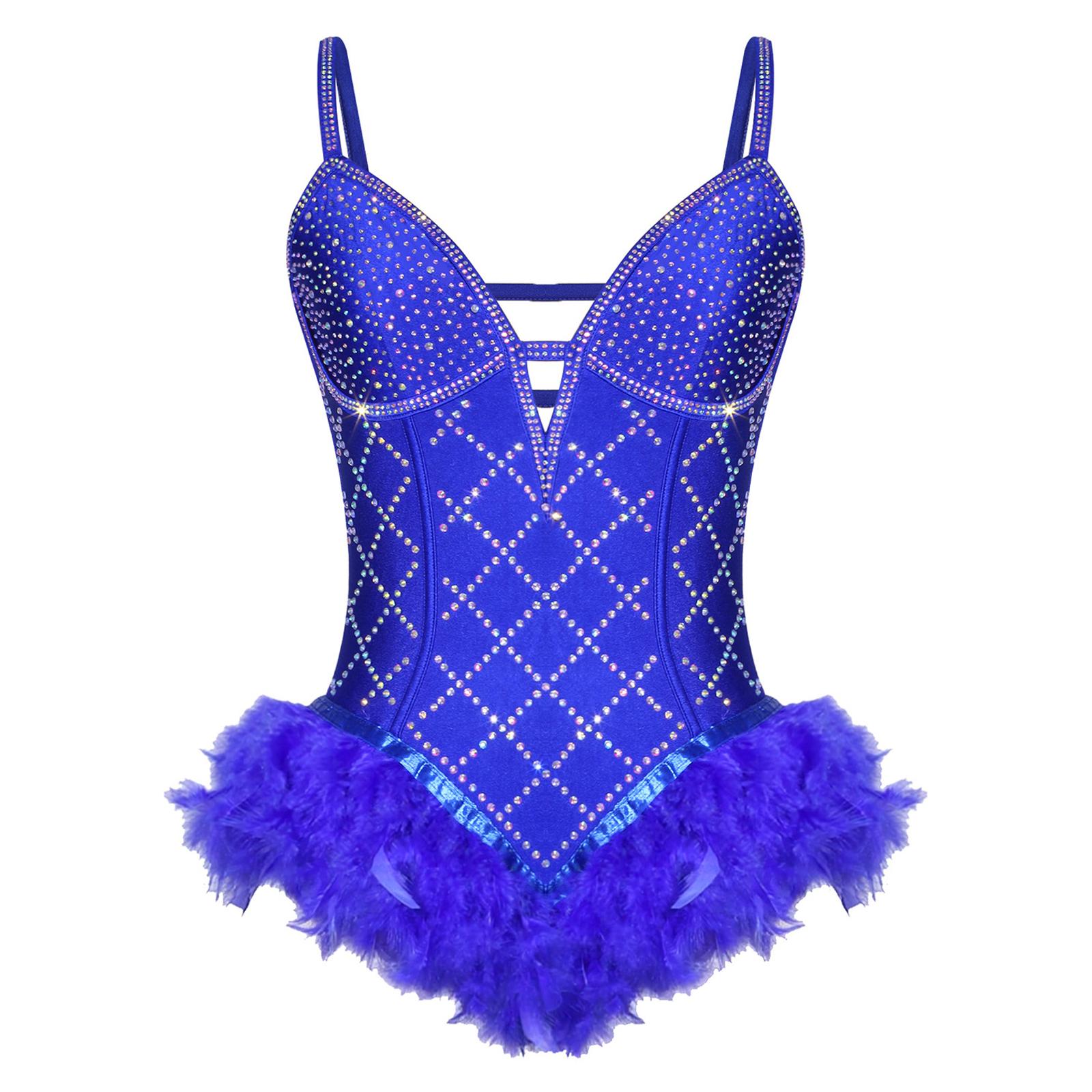 

Womens Shiny Rhinestone Feather Leotard Deep V Neck Strappy Back Bodysuit Party Performance Wear M синій