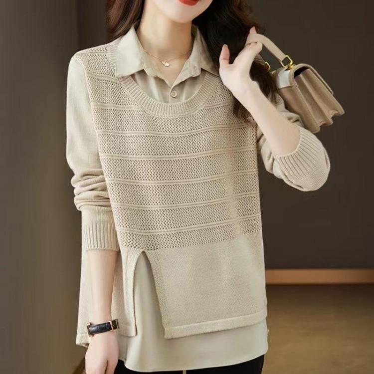 Oversize Cotton Shirt for Women Loose Blouse Long Sleeve Pullover Top Turn Down Collar Casual Fake Two Pieces