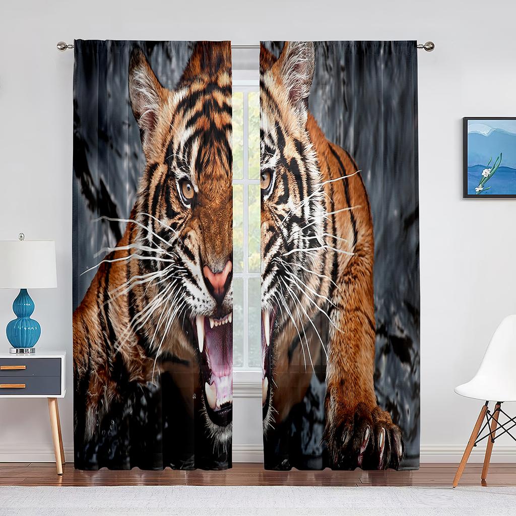 Grauer Tigerkopf-Vorhang mit Wildtier-Motiv, transparenter Voile für Schlafzimmer, Wohnzimmer, Hoteldekor, Küchenfenster, Chiffon-Tüllvorhang