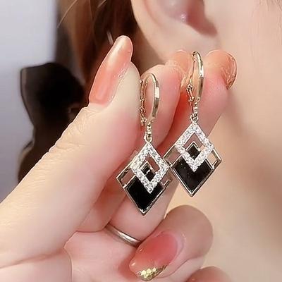 Luxus Trend Schwarze Farbe Doppellagige Ohrringe für Damen Koreanischer Kristall Zirkon Geometrischer Ohrring Braut Hochzeit Statement Schmuck