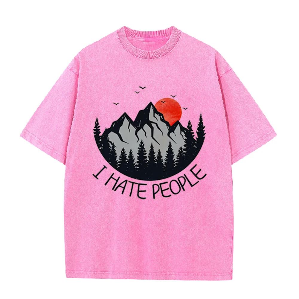 2026 Vintage Mountain Pine Forest Red Sunset Bird Graphic Brown Acid Washed T Shirt Retro Outdoor Funny Slogan Oversized Unisex