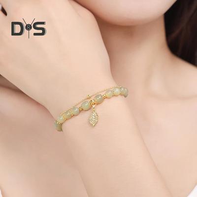 Women Bracelet Faux Jade Smooth Bead Leaf Pendant Double-layered Adjustable Length Rhinestone Lady Bangle Prom Daily Wrist Jewelry
