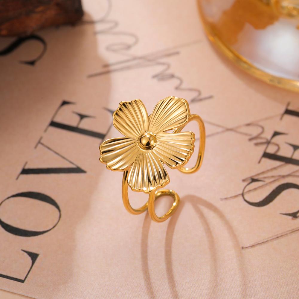 Adjustable Gold Plated Flower Rings for Women Stainless Steel Finger Rings 2026 Trendy Jewelry Anniversary Party Gifts New