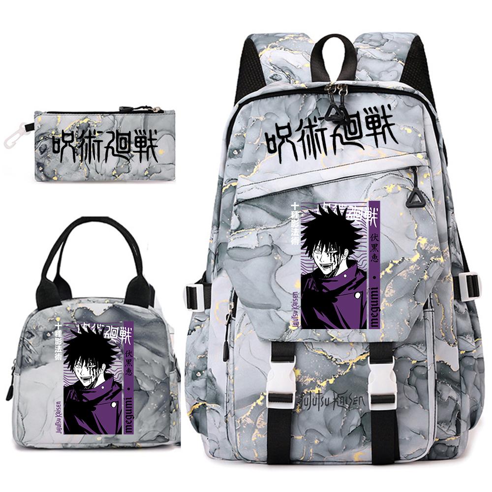 Anime Jujutsu Kaisen Backpack Set for Girls 3pcs School Bookbag Lunch Bag Pencil Case Casual Travel Rucksack