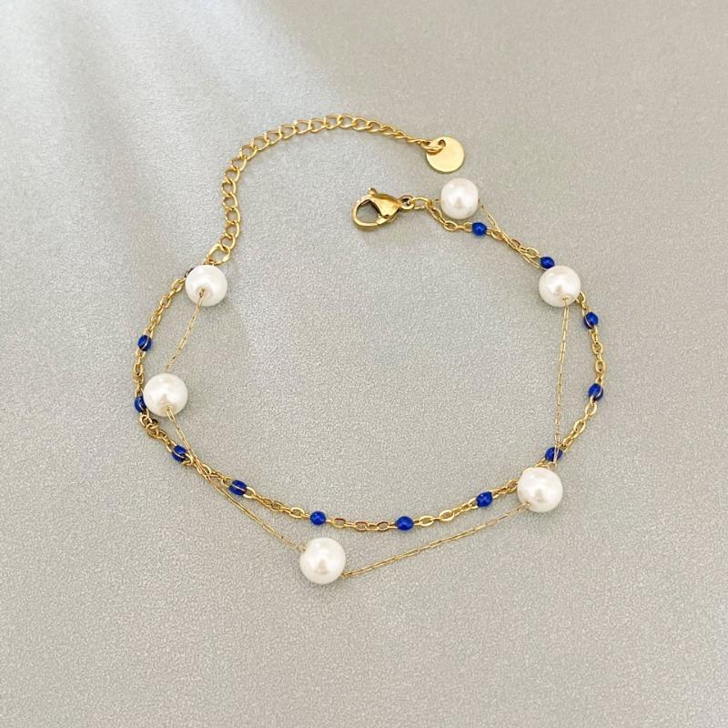 Gold Double Layer Pearl Black Bead Bracelet – Elegant Pearl Chain Jewelry, Vintage Party Gift for Women