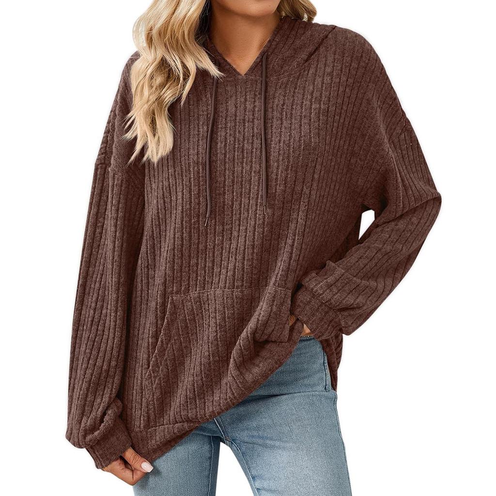Women's Fashionable Loose Long Sleeved Hooded Drawstring Pocket Hoodie Solid Color Top