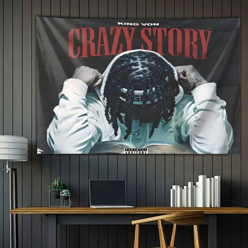

VIKAMA King Von Rap Tapestry Crazy Story Living Room Dormitory Retro Hip Hop Aesthetic Atmosphere Home Decoration 74x94cm(29x37in)
