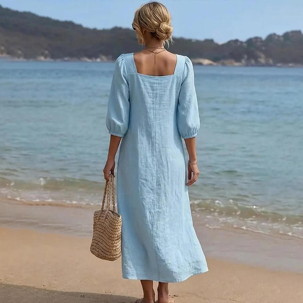 Abito midi casual da donna a vestibilità larga con maniche a sbuffo, scollo quadrato frontale e tessuto leggero