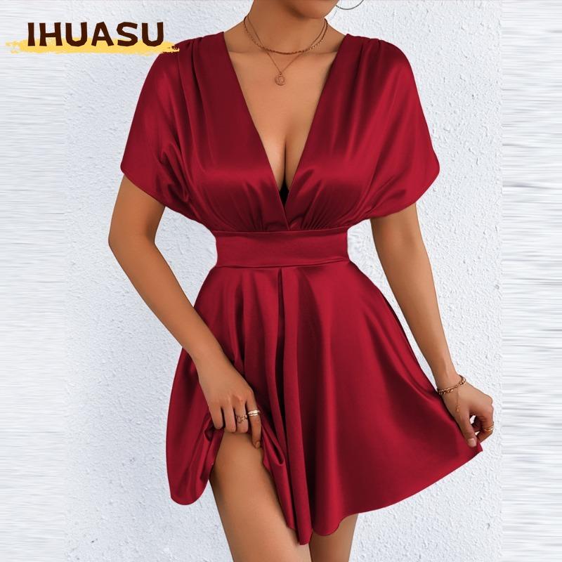 IHUASU Women's Fashion Summer Spring Solid Color Print V-Neck Short Sleeve Casual Dresses