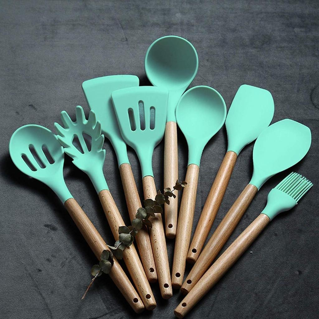 Set di 12 Utensili da Cucina in Silicone e Spatole | Strumenti Antiaderenti per Cucinare e Infornare con Manico in Legno