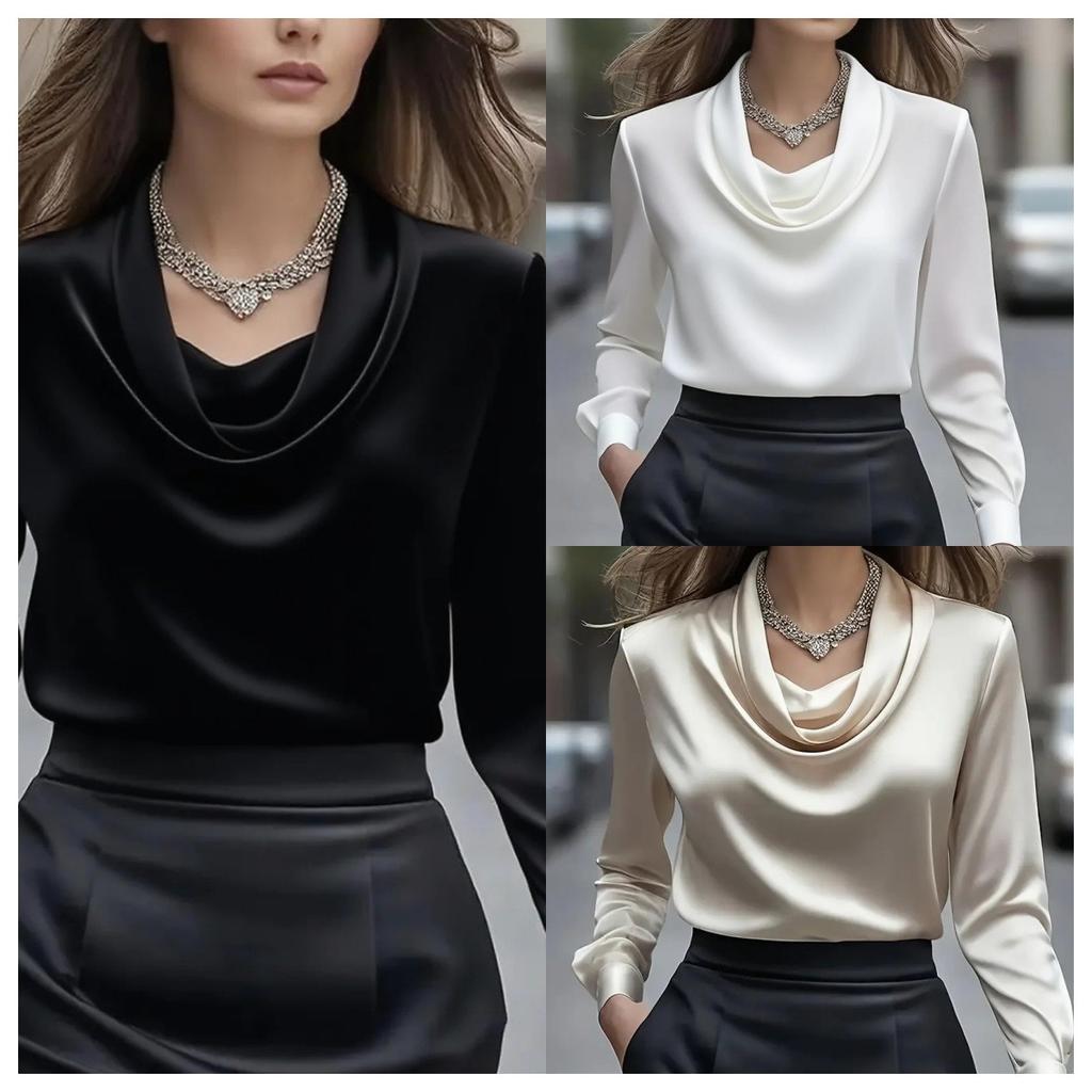 2025 Autumn Fashion Women's Solid Color Simple Slash Neck Long Sleeve Blouse Elegant Shirt